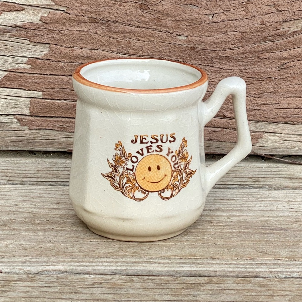 1970s Smiley Jesus Loves You Stoneware Mug